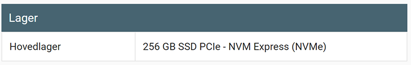 Eksempel på 256 GB SSD i PC-spesifikasjoner