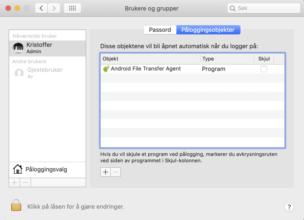 Påloggingsobjekter på Mac
