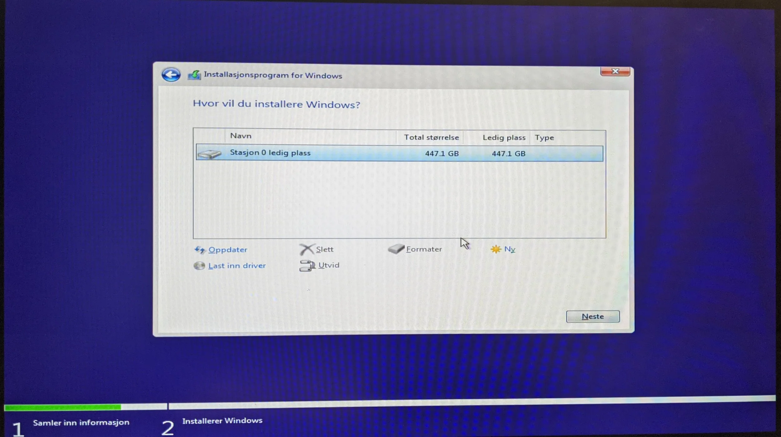 Valg av disk og partisjoner under Windows 11 installasjon